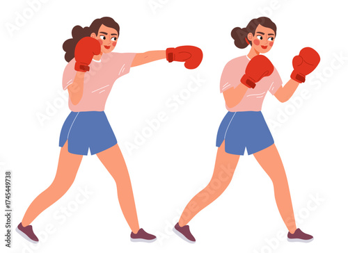 Female boxers practicing punches and defense moves. Woman in boxing gloves and sportswear training in a gym. Flat vector illustration of boxing, fitness, and self-defense for women.