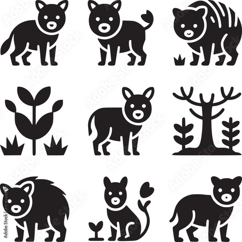 A collection of black and white animal and nature icons arranged in a grid pattern design style