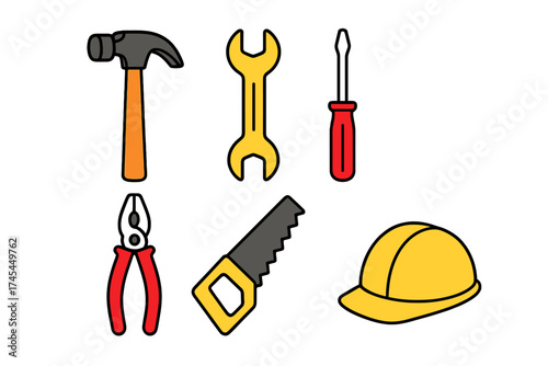 Essential set of construction and DIY repair tools including hammer wrench and safety helmet