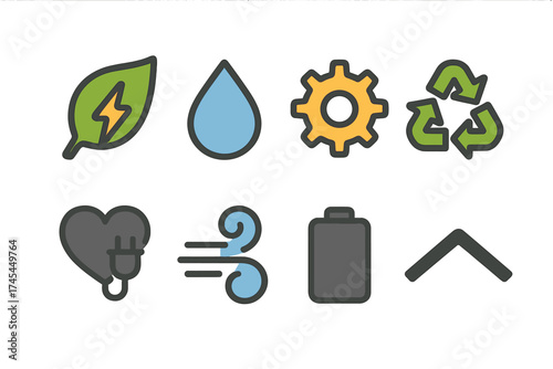 Colorful graphic symbols for ecology, renewable energy, and resource management