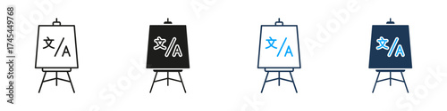 Language Presentation Line And Solid Icon Set. Standing Board With Translation Text Symbol Collection For Education, Multilingual Training, Language Learning Display. Isolated Vector Illustration