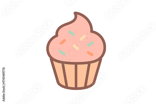 Single baked cupcake with pink frosting and colorful sprinkles dessert treat