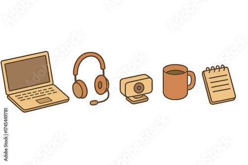 Essential items for remote work setup including laptop, headset, webcam, and coffee mug