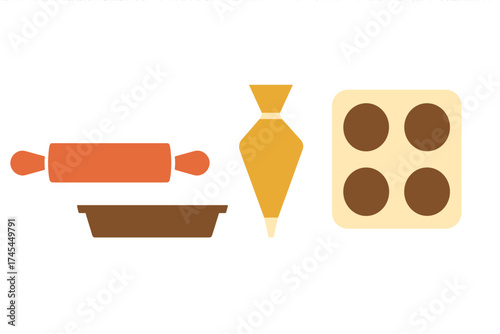 Essential baking tools collection including rolling pin, piping bag, and chocolate mold