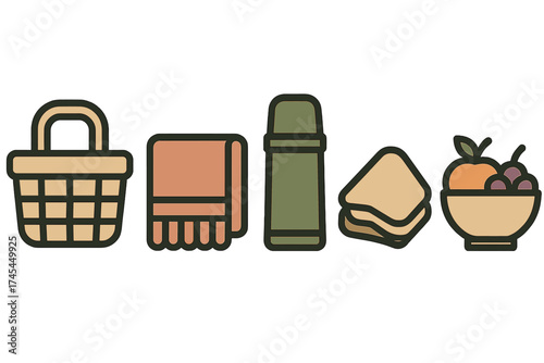 Collection of essential picnic items basket blanket thermos sandwiches fruit