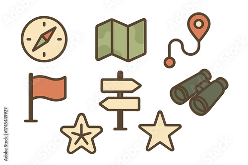 Outdoor adventure and navigation tools set featuring compass map binoculars and signpost