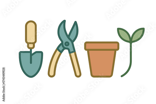Set of essential gardening supplies including hand trowel, pruning shears, flower pot, and young seedling