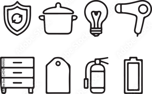 Variety of Household Items and Symbols in Black and White Outline