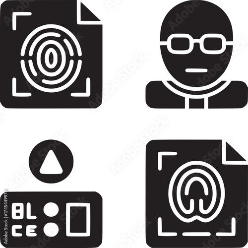 A collection of icons representing identity theft, biometrics, and security measures in black and white