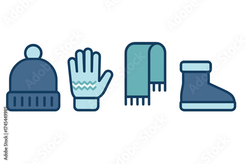 Collection of blue winter accessories icons including knit hat, glove, scarf, and insulated boot