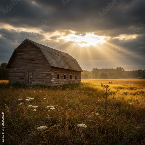 Old Wooden Barn in Golden Field Under Dramatic Cloudy Sky With Sunrays Rural Tranquility