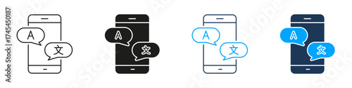 Mobile Translation App Line And Solid Icon Set. Smartphone And Multilingual Chat Bubble Symbol Collection For Real Time Language Conversion And Voice Text Support. Isolated Vector Illustration