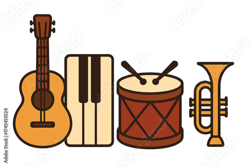 Acoustic guitar keyboard drum and trumpet musical instrument icons set