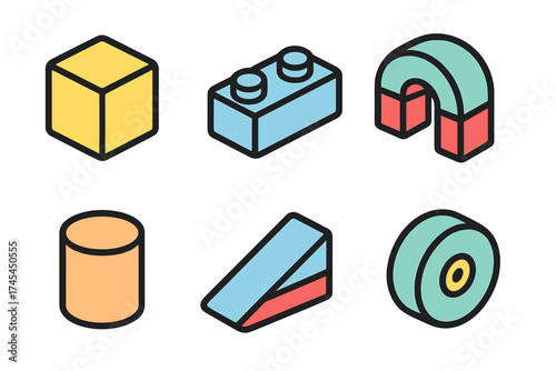 Isometric geometric shapes set with building blocks and magnet icon