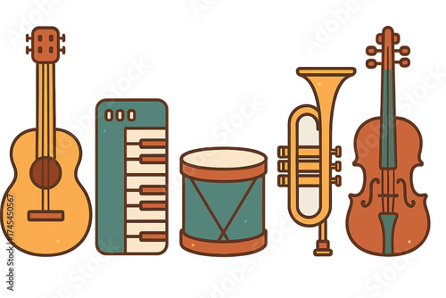 Set of assorted musical instruments including guitar keyboard drum and trumpet