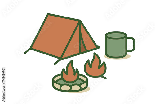 Camping scene with tent campfire and enamel mug icons