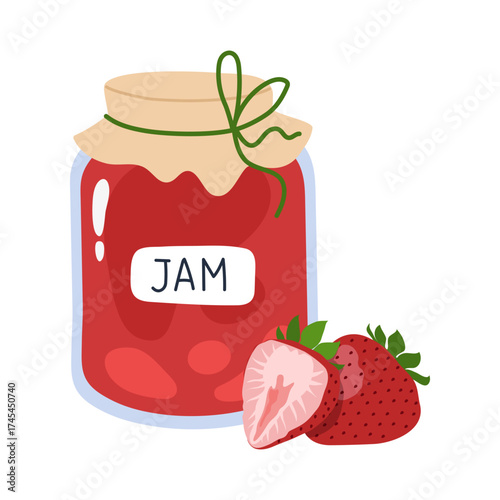 Glass jar with strawberry jam. Flat vector illustration, perfect for food packaging, recipe blogs, or kitchen decor