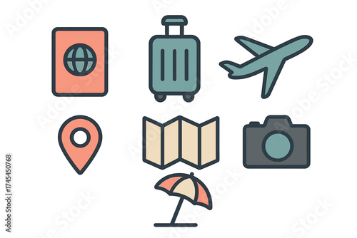 Set of essential travel and vacation icons including passport, luggage, airplane, and map