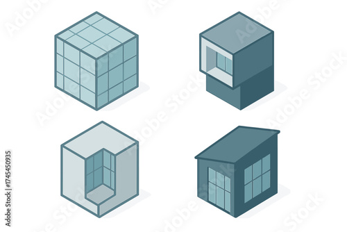 Isometric architectural module icons depicting structural components and building forms