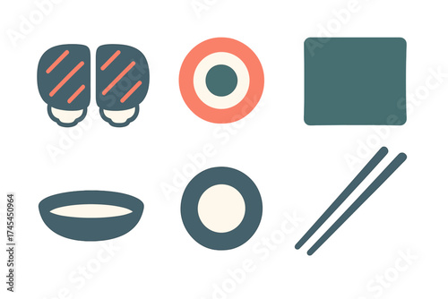 Assorted Japanese sushi meal components icons set with chopsticks and soy sauce