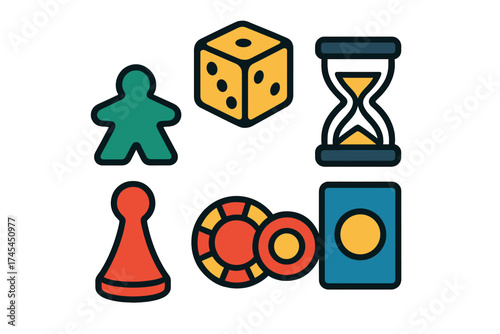 Set of stylized icons representing various board game components and leisure activities