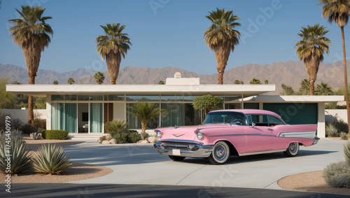 Bubblegum Pink 1957 Chevrolet Bel Air Parked at Mid-Century Modern Home