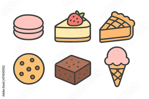 Set of sweet dessert icons featuring macaron, cheesecake, pie, cookie, brownie, and ice cream