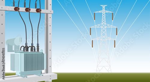 High-voltage pylons, electric towers in field with bright sky, flat vector background.