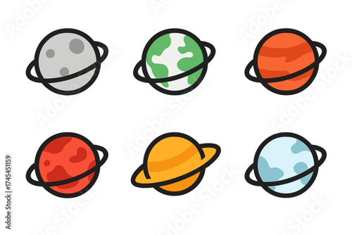 Colorful stylized planet icons with orbital rings for space themes