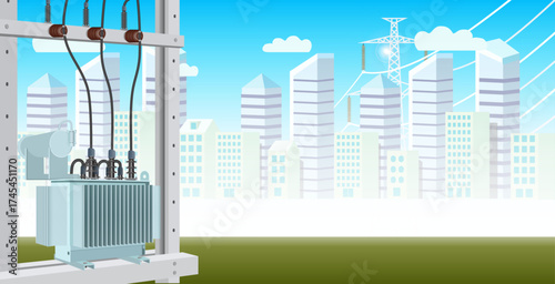 High-voltage pylons, electric towers in field with bright sky, flat vector background.