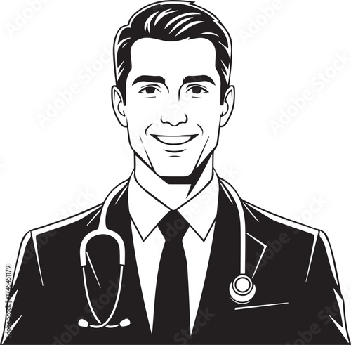 Charismatic doctor portrait with stethoscope confident smile and professional attire in sketchy artistic style