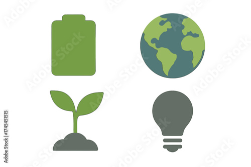 Essential environmental and renewable energy symbols including battery, globe, plant, and light bulb icons