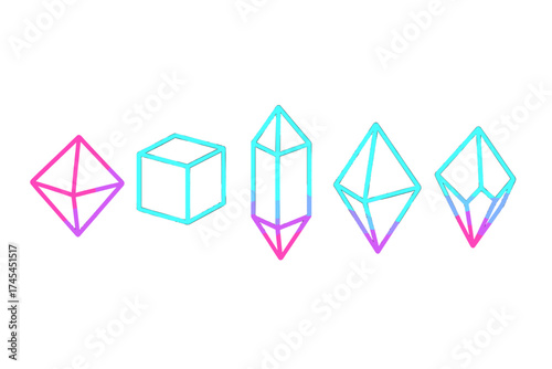 Abstract geometric shapes set with neon gradient wireframe outlines including cube crystal and diamond forms