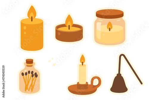 Assortment of cozy burning candles, match bottle, and snuffer for relaxation and home decor