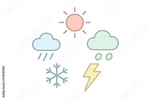 Basic weather forecast symbols collection showing sun, rain, snow, and lightning conditions