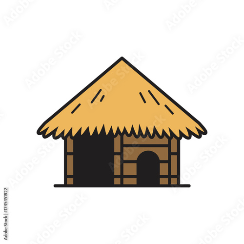 Simple hand drawn illustration of a small rustic thatched roof hut with wooden walls and an open doorway on a white background