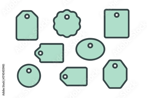 Collection of blank price tags and labels in various shapes for retail and e-commerce design