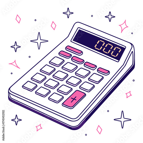 A stylized isometric illustration of a modern calculator with a pink plus button and glowing digital display surrounded by sparkling stars and geometric shapes on a white background