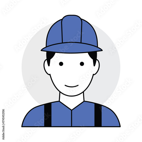 A simple flat illustration of a friendly construction worker wearing a blue hard hat and blue work clothes with suspenders against a light gray circular background