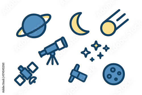 Flat icons of celestial bodies and space exploration equipment including Saturn and telescope