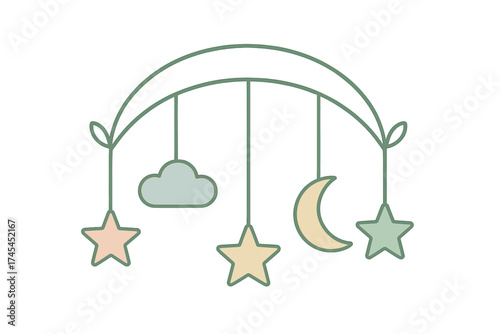 Minimalist baby mobile with hanging stars, crescent moon, and cloud shapes in soft pastel colors
