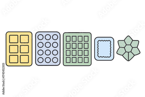 Colorful collection of silicone baking molds and trays for kitchen use