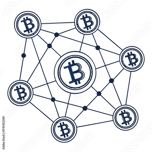 Abstract interconnected network of bitcoin cryptocurrency symbols representing a decentralized digital financial system and global blockchain technology