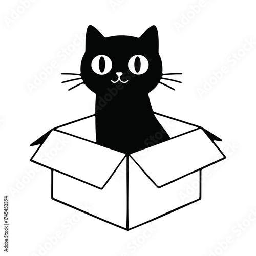 Illustration of a black cat sitting inside of a white cardboard box with a simple line drawing style