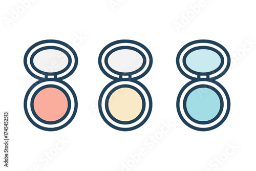 Set of three open cosmetic compacts displaying various makeup shades