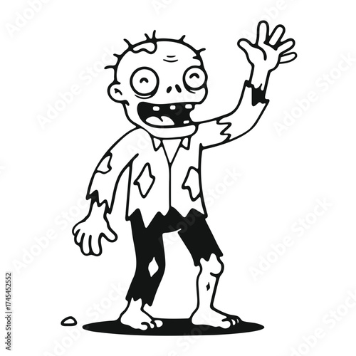 Cartoon illustration of a zombie waving with torn clothes and a patch on the head in black and white