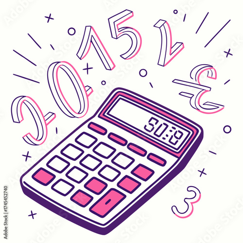 A whimsical illustration of a calculator with the numbers 2015 and a pound sterling symbol floating around it representing financial calculations and the year 2015