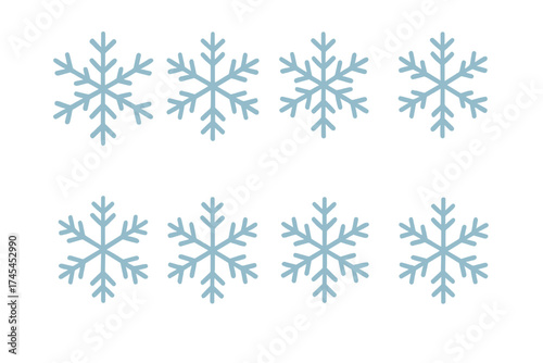Eight stylized blue snowflakes symbolizing winter weather and cold seasonal holidays