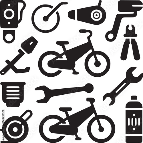 Illustration of bicycle repair tools including wrenches and bike parts in a black and white style