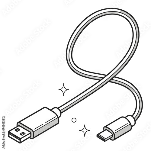 Clean and simple black and white illustration of a usb type a to usb type c cable with sparkling accents on a white background